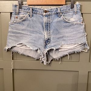 Levi’ 550 Vintage Orange Tab Super High Rise Cutoff Denim Shorts Distressed